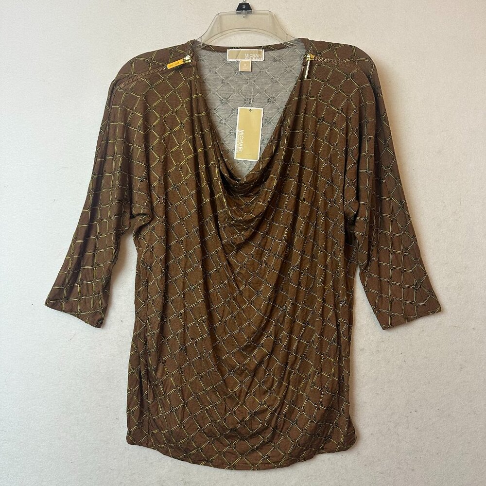 MICHAEL KORS Top shirt sz S brown chain‎ equestrian print gold zippers cowl neck